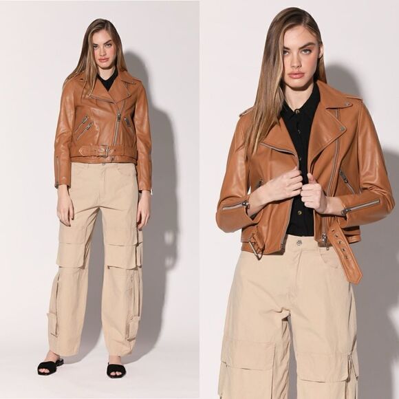 Walter Baker $698 Alison Leather biker jacket in Camil brown - Picture 1 of 12
